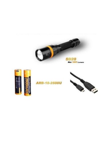 PACK LINTERNA LED SD20   2xL18650 CABLEUSB